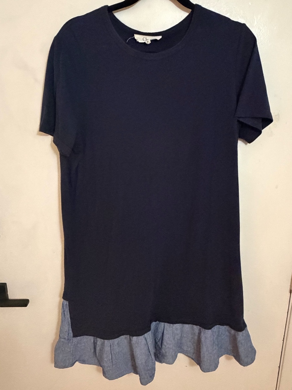 Clu too Navy blue denim Mini t-shirt Dress with Chambray Ruffle Hem medium M